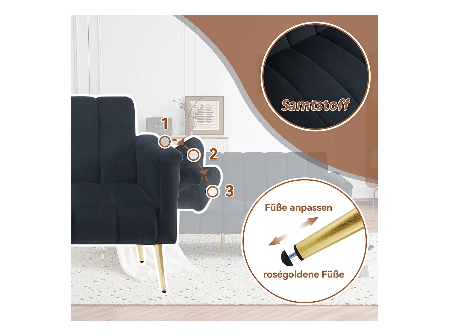 Canapé 3 places en velours noir - 3 en 1 - Dossier et accoudoirs réglables - 184 x 79 x 71 cm