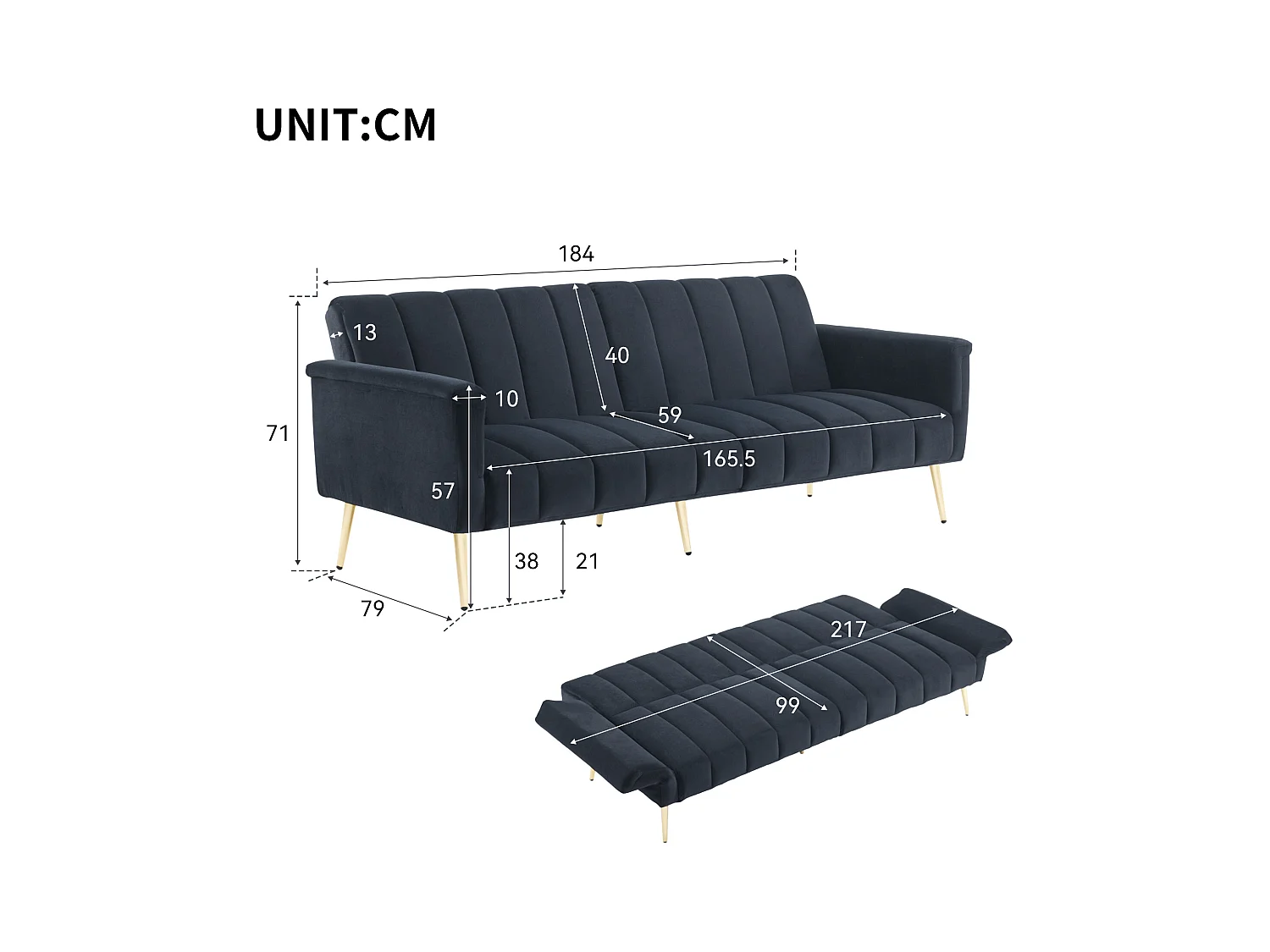 Canapé 3 places en velours noir - 3 en 1 - Dossier et accoudoirs réglables - 184 x 79 x 71 cm