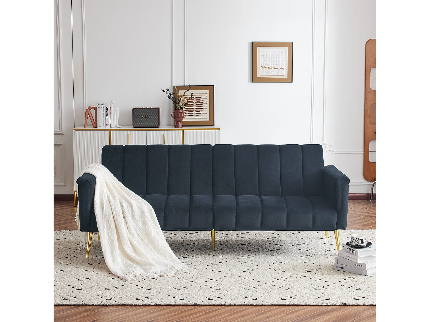 Canapé 3 places en velours noir - 3 en 1 - Dossier et accoudoirs réglables - 184 x 79 x 71 cm