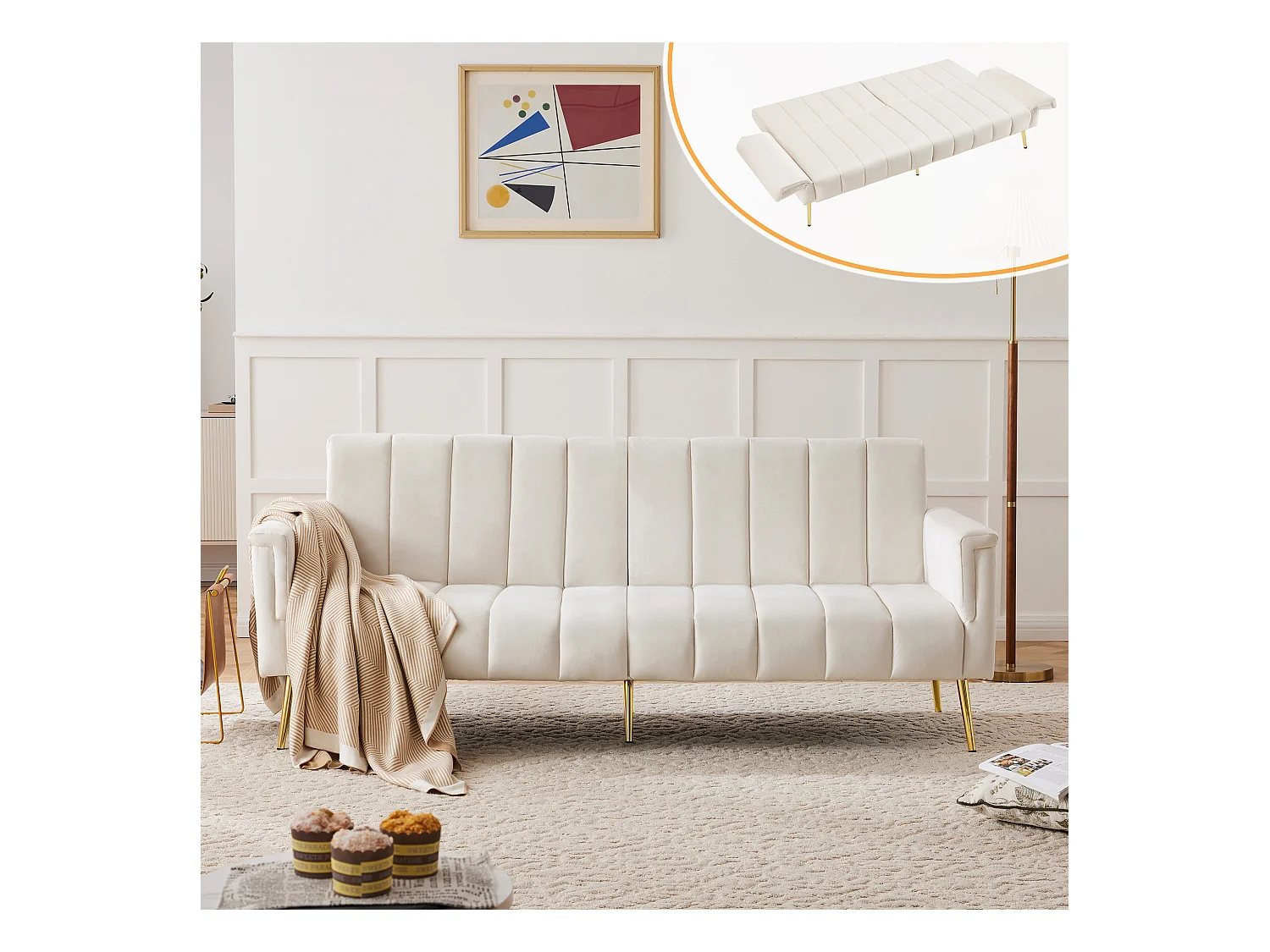 Sofa 3-osobowa beżowa aksamitna - 3 w 1 - Regulowane oparcie i podłokietniki - 184 x 79 x 71 cm