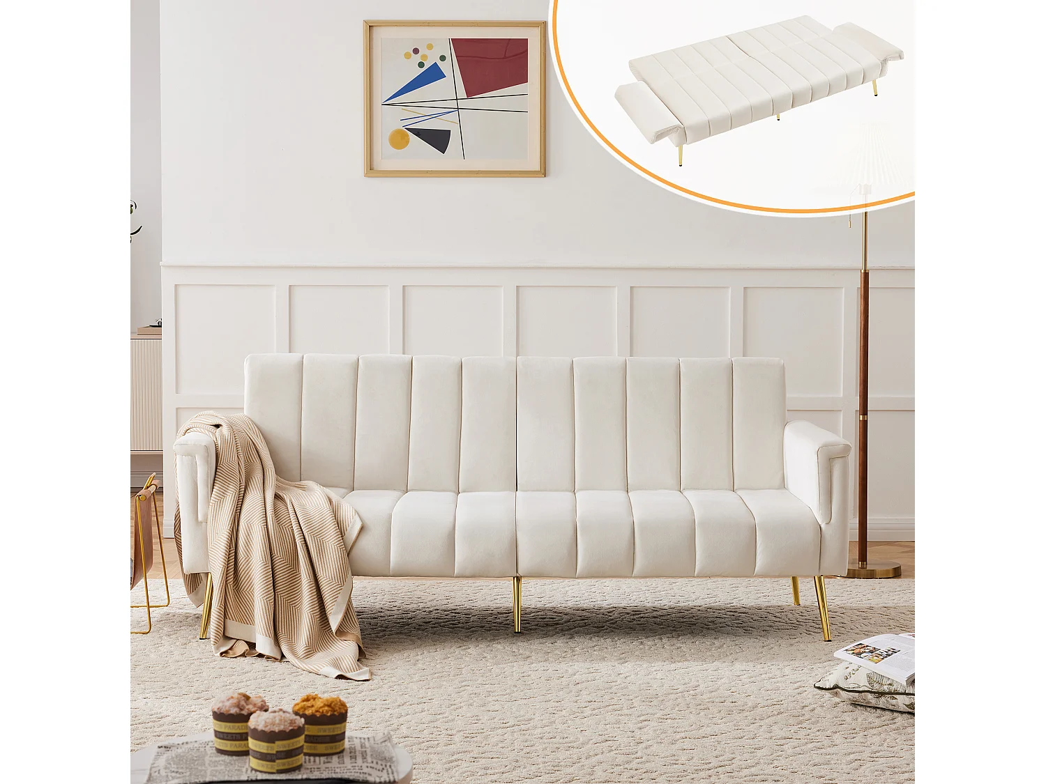 3-zits beige fluwelen bank - 3 in 1 - Verstelbare rugleuning en armleuningen - 184 x 79 x 71 cm