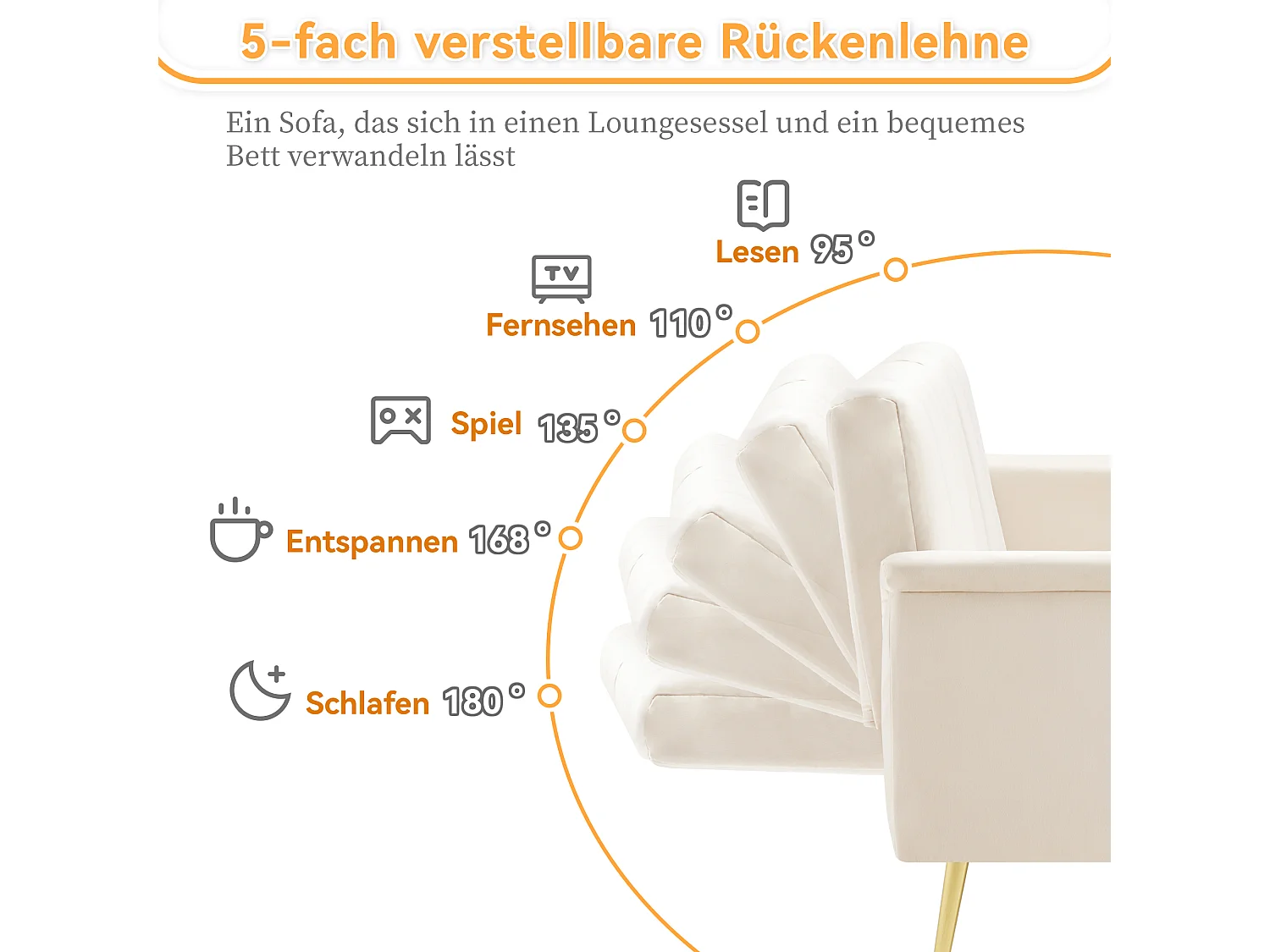 3-zits beige fluwelen bank - 3 in 1 - Verstelbare rugleuning en armleuningen - 184 x 79 x 71 cm