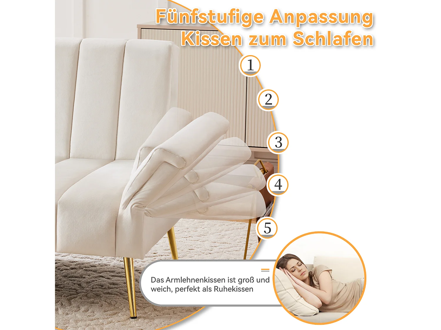 3-zits beige fluwelen bank - 3 in 1 - Verstelbare rugleuning en armleuningen - 184 x 79 x 71 cm