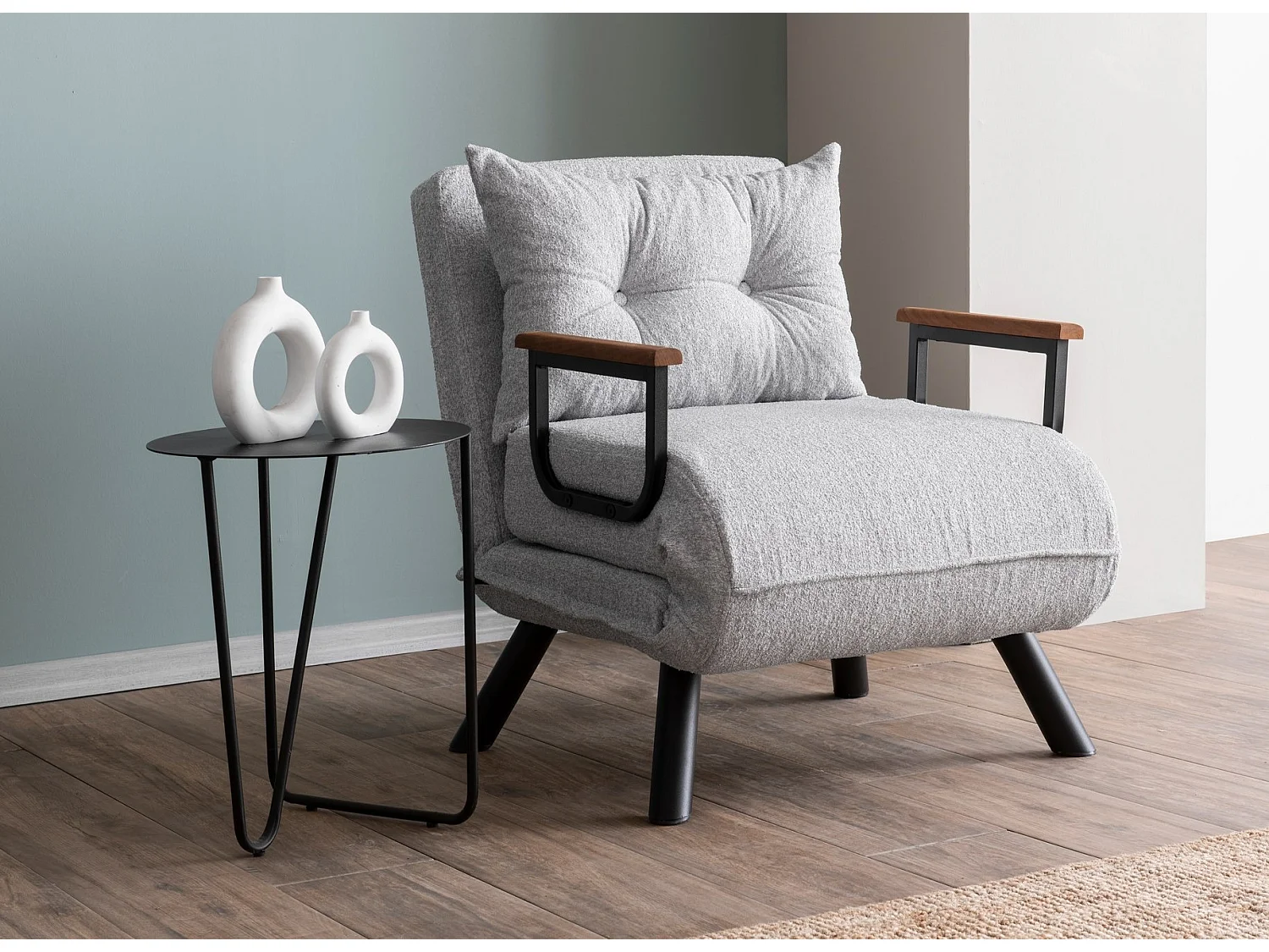 Fauteuil convertible Yolanda Métal Noir et Tissu bouclette Gris