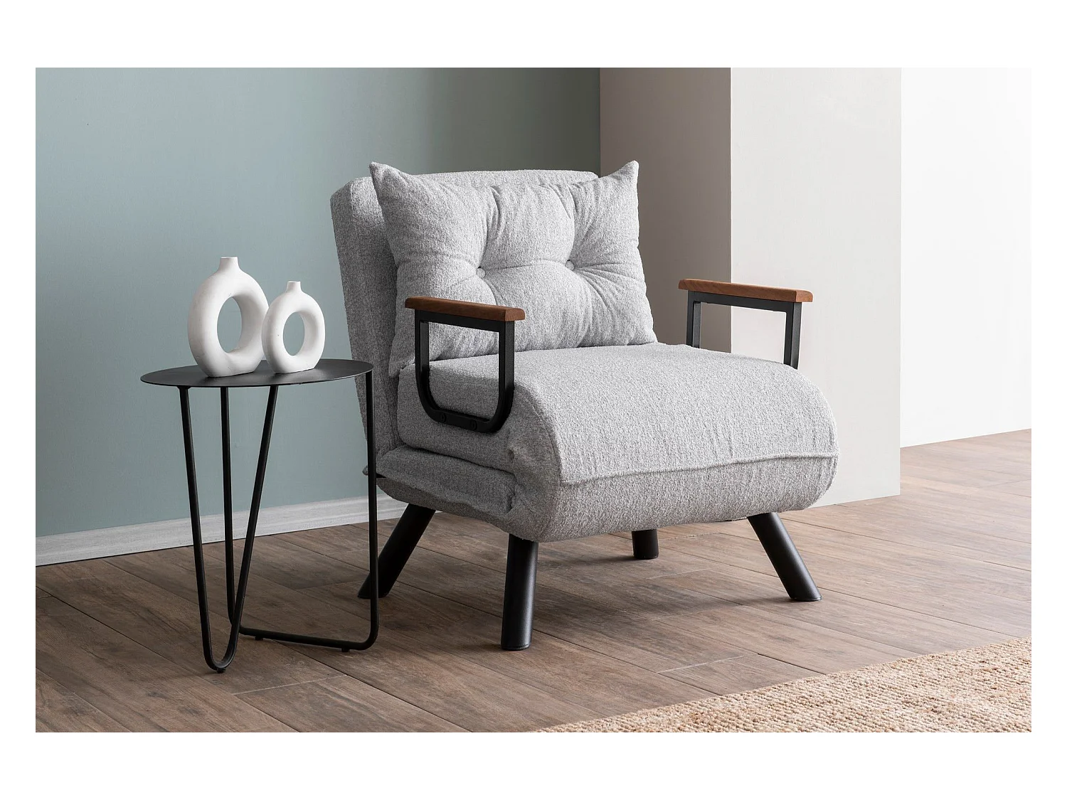 Fauteuil convertible Yolanda Métal Noir et Tissu bouclette Gris