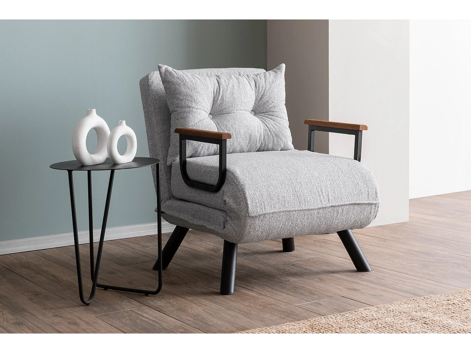 Fauteuil convertible Yolanda Métal Noir et Tissu bouclette Gris