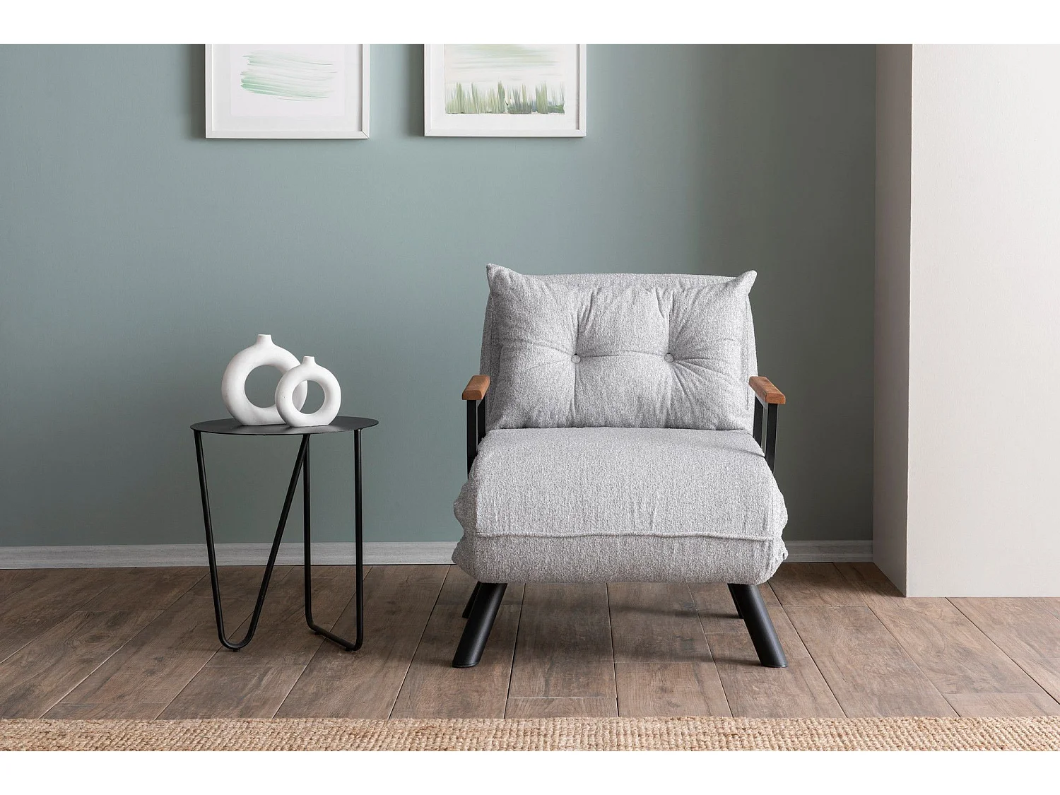 Fauteuil convertible Yolanda Métal Noir et Tissu bouclette Gris