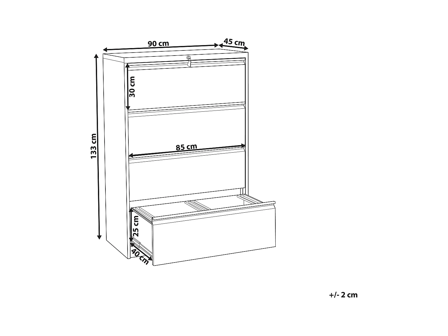Hohe Kommode mit 4 grifflosen Schubladen Stahl weiß mit Schloss Schlüssel Halite
