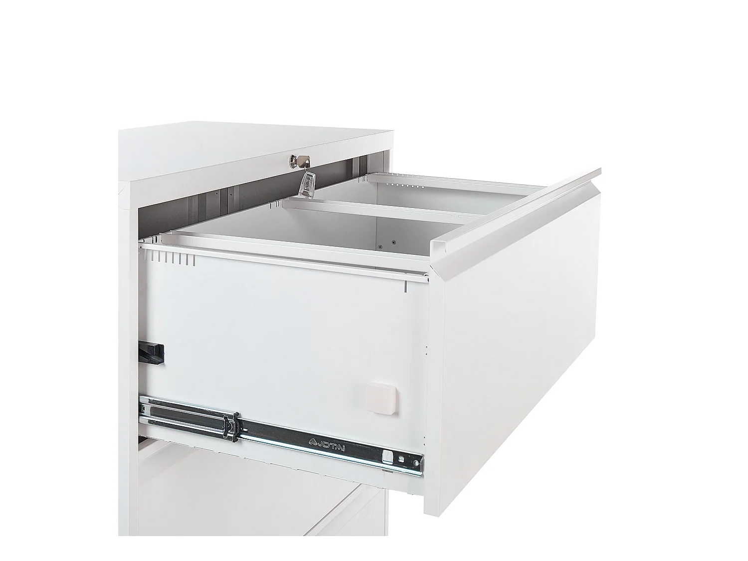 Hohe Kommode mit 4 grifflosen Schubladen Stahl weiß mit Schloss Schlüssel Halite