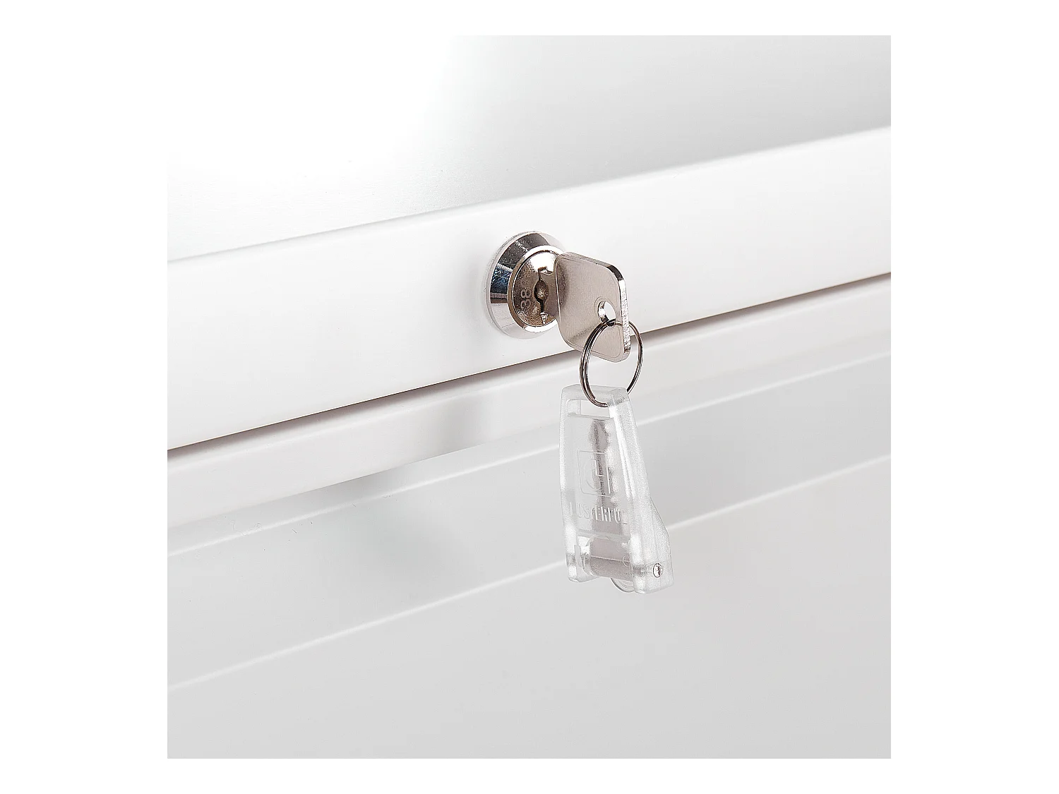 Hohe Kommode mit 4 grifflosen Schubladen Stahl weiß mit Schloss Schlüssel Halite