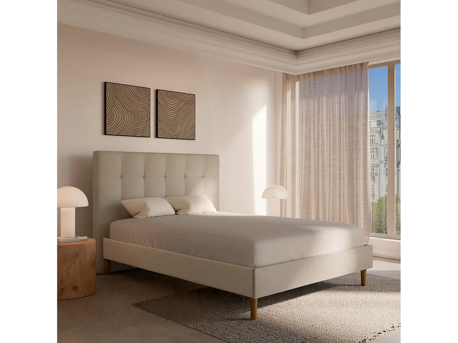 Sommier à lattes et tissu chiné blanc 160x200 cm