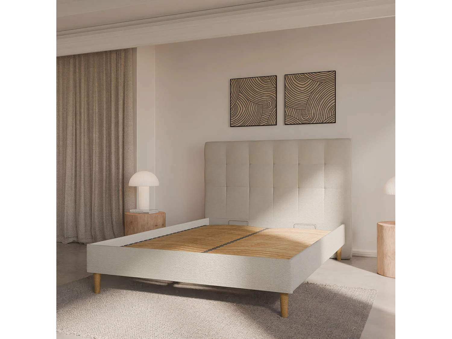 Sommier à lattes et tissu chiné blanc 160x200 cm