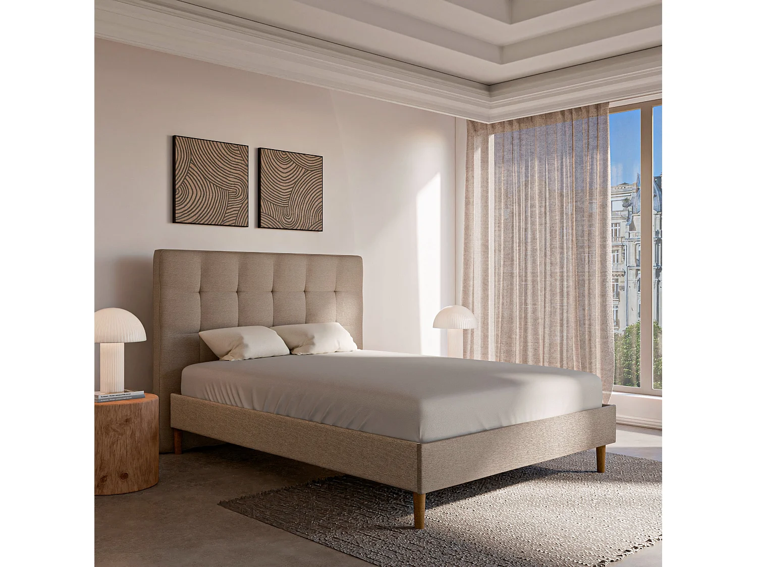 Sommier à lattes et tissu chiné beige 80x200 cm