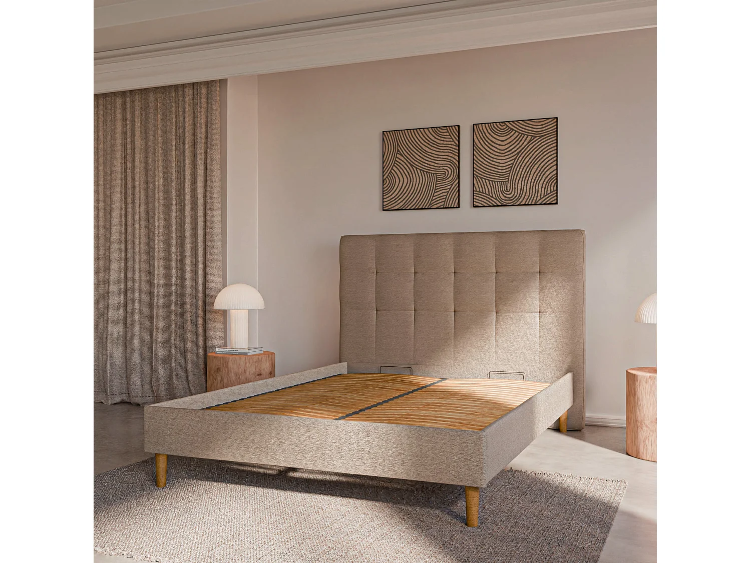 Sommier à lattes et tissu chiné beige 140x190 cm