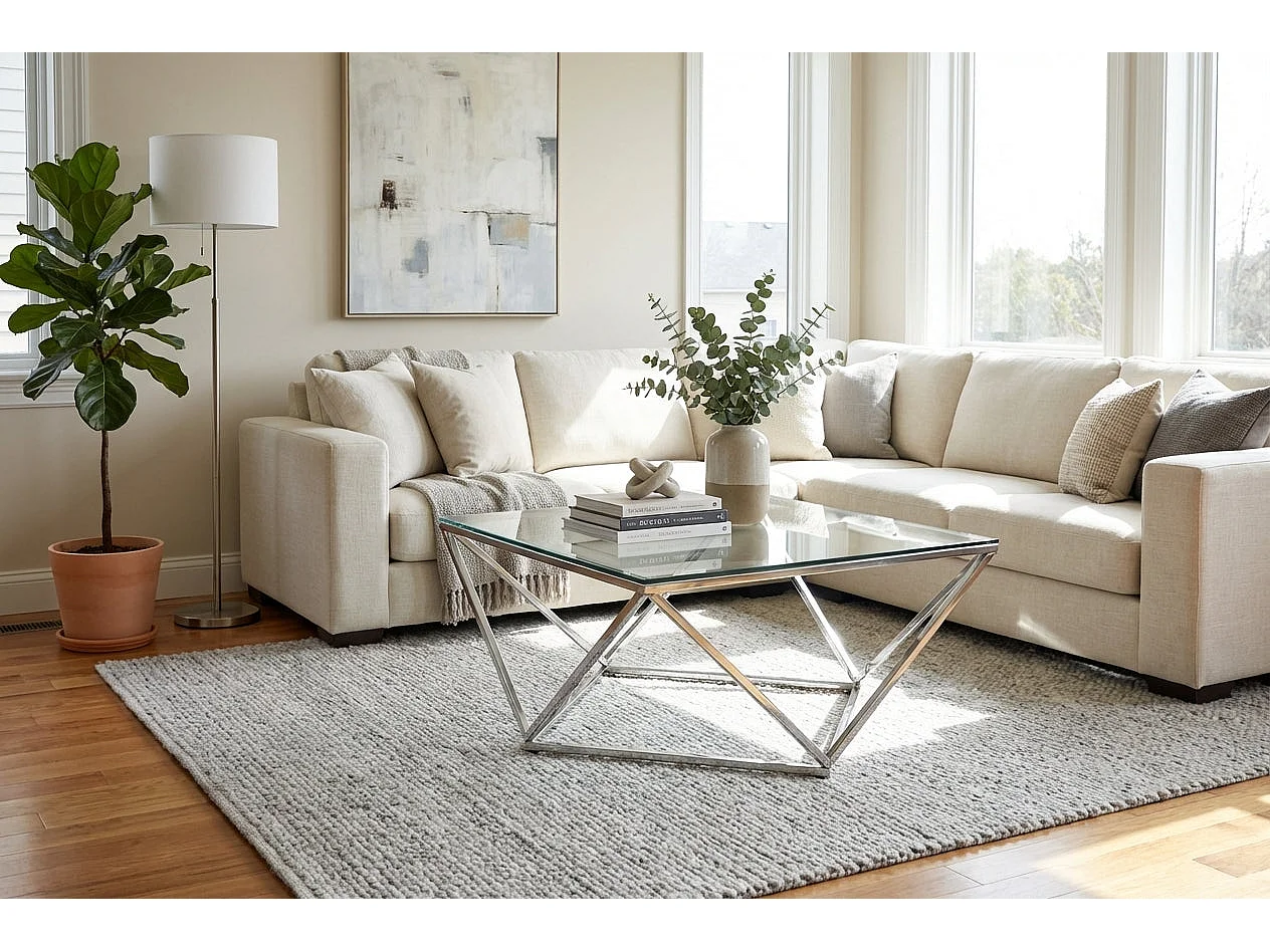 Table Basse Carrée Plateau Verre Trempé Transparent Pieds Chrome 80x80x45cm