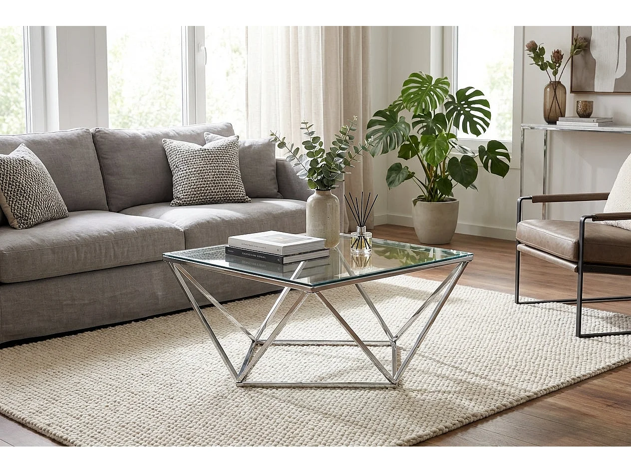 Table Basse Carrée Plateau Verre Trempé Transparent Pieds Chrome 80x80x45cm