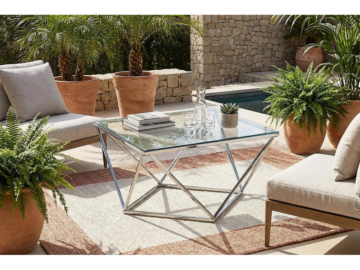 Table Basse Carrée Plateau Verre Trempé Transparent Pieds Chrome 80x80x45cm