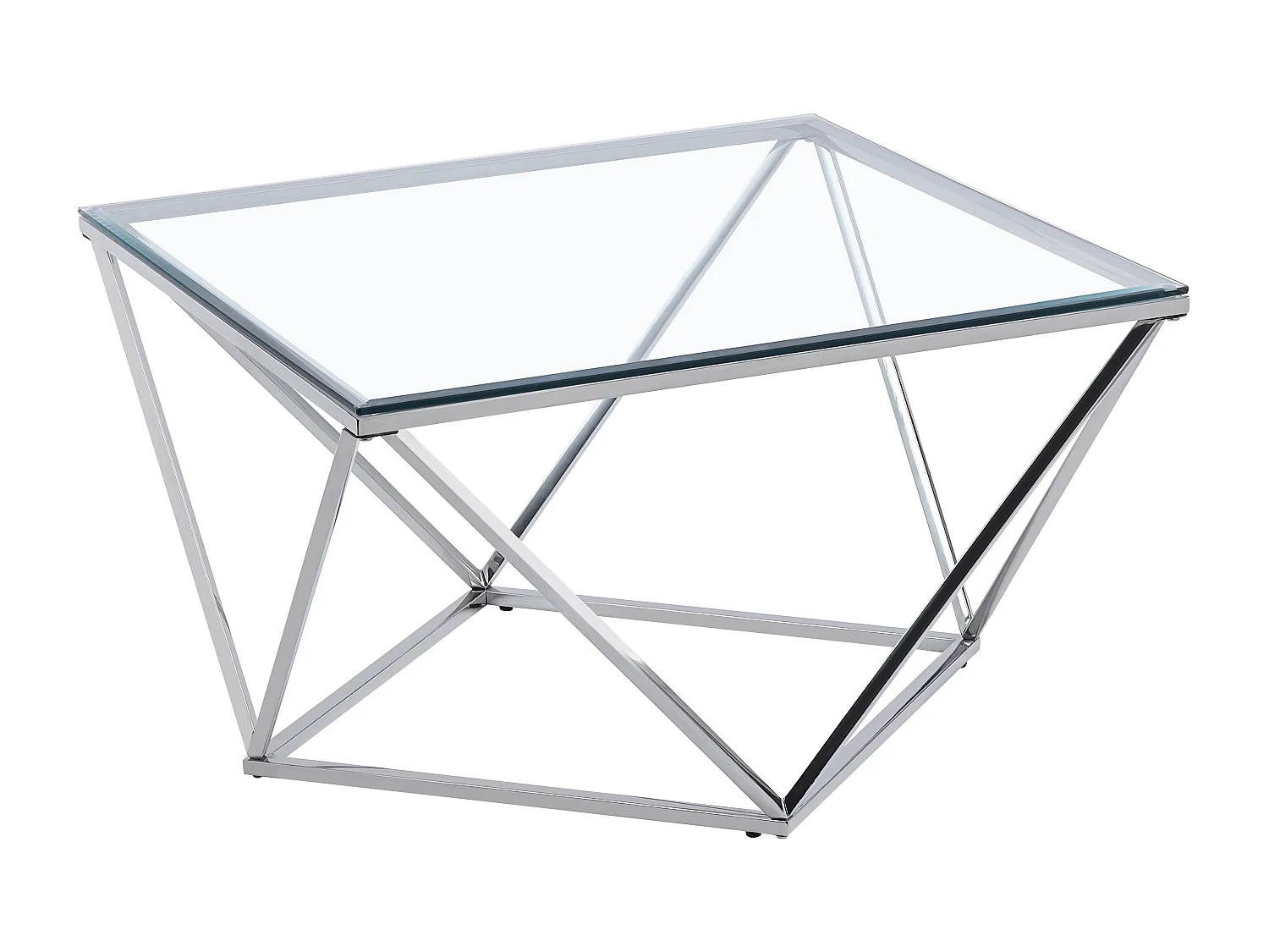 Table Basse Carrée Plateau Verre Trempé Transparent Pieds Chrome 80x80x45cm