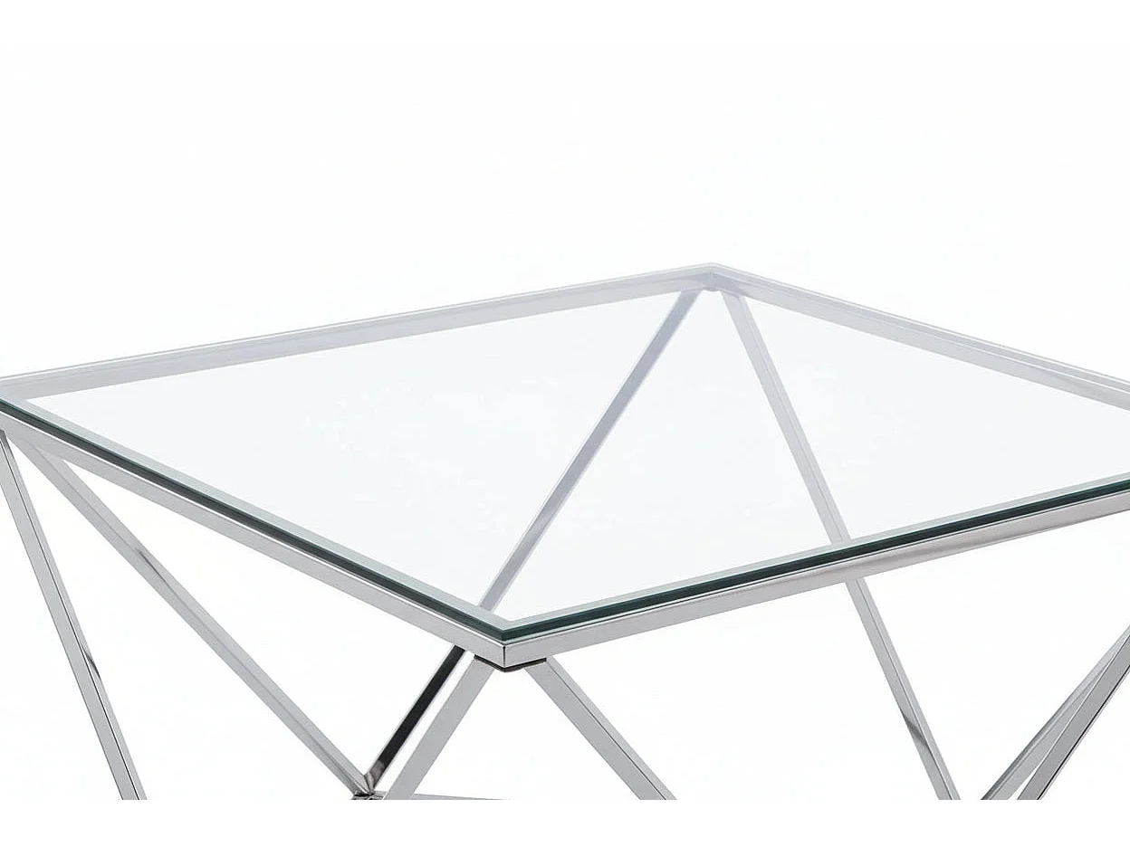 Table Basse Carrée Plateau Verre Trempé Transparent Pieds Chrome 80x80x45cm