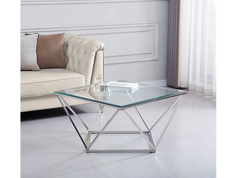 Table Basse ALINA Carrée Plateau Verre Trempé Transparent Pieds Chrome 80x80x45cm
