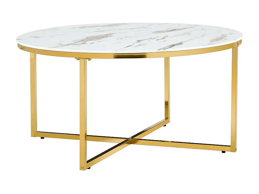 Table Basse LORIE Ronde Plateau Verre Trempé Marbré Blanc Structure Métal Gold D90x45cm