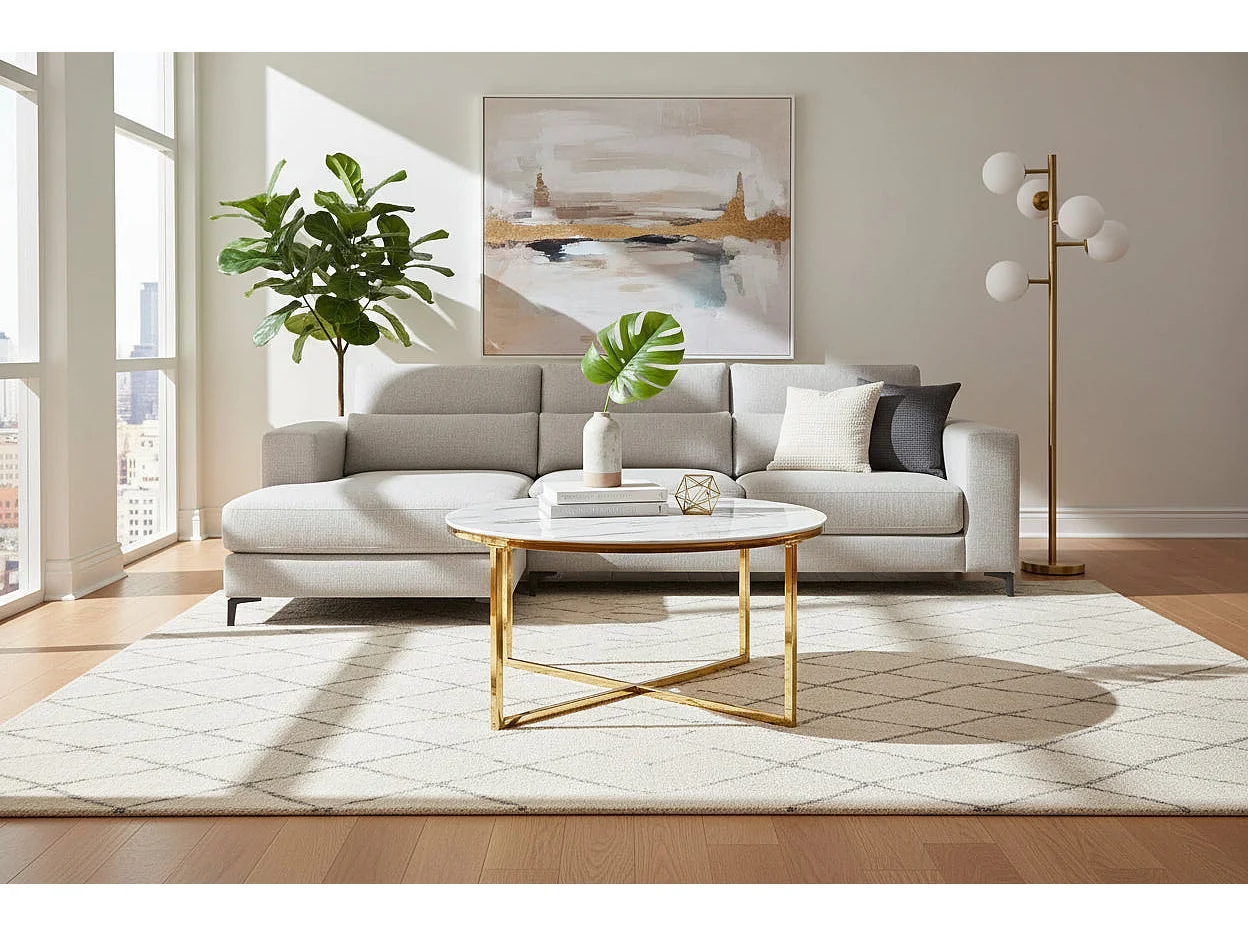 Table Basse LORIE Ronde Plateau Verre Trempé Marbré Blanc Structure Métal Gold D90x45cm