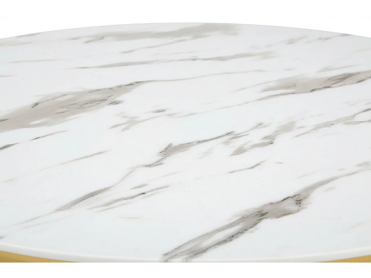 Table Basse LORIE Ronde Plateau Verre Trempé Marbré Blanc Structure Métal Gold D90x45cm