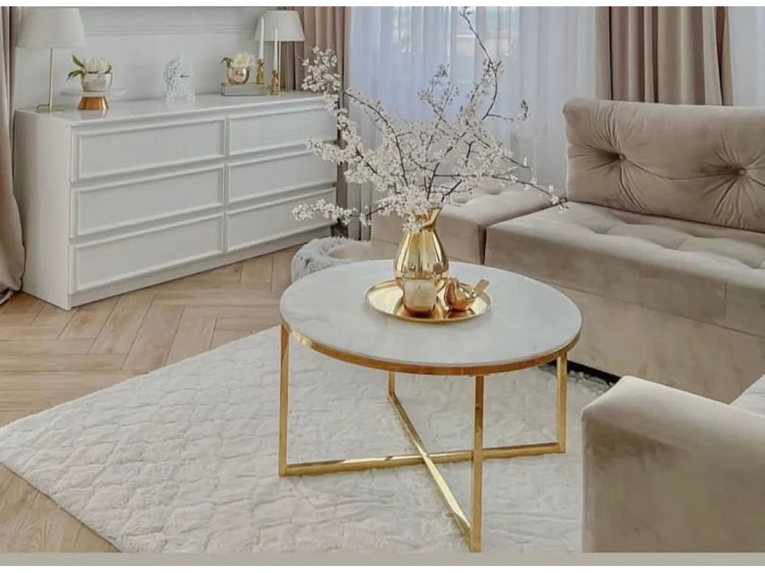 Table Basse LORIE Ronde Plateau Verre Trempé Marbré Blanc Structure Métal Gold D90x45cm