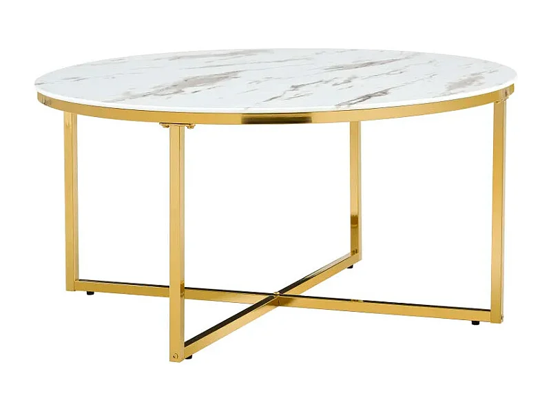 Table basse ronde LORIE Gold plateau en verre D90 cm - Marbré blanc