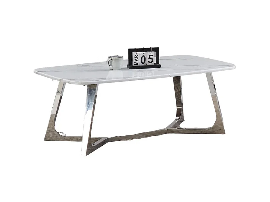Table Basse GOSSIP Inox plateau en Granite Marbré Blanc 120x70 cm