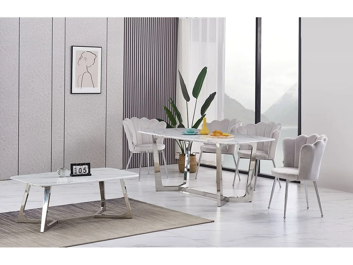 Table Basse GOSSIP Inox plateau en Granite Marbré Blanc 120x70 cm - Chrome