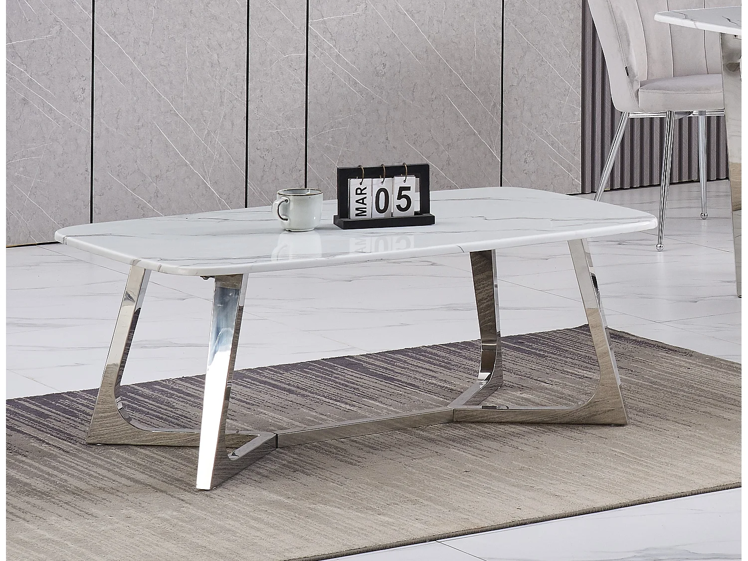 Table Basse GOSSIP Inox plateau en Granite Marbré Blanc 120x70 cm - Chrome