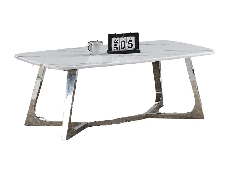 Table Basse GOSSIP Inox plateau en Granite Marbré Blanc 120x70 cm