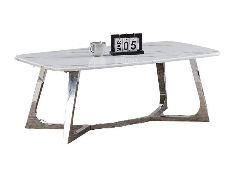 Table Basse GOSSIP Inox plateau en Granite Marbré Blanc 120x70 cm - Chrome
