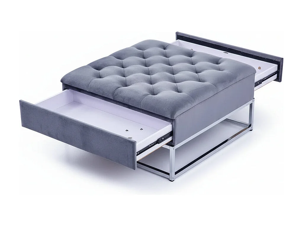 Pouf Coffre TIROIRS Carré Plateau Velours Capitonné Gris 80x80x43cm 2 Tiroirs