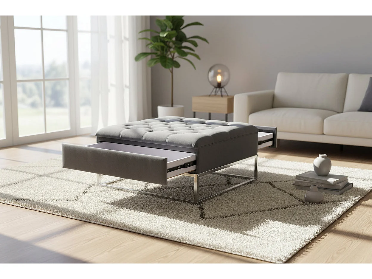 Pouf Coffre TIROIRS Carré Plateau Velours Capitonné Gris 80x80x43cm 2 Tiroirs