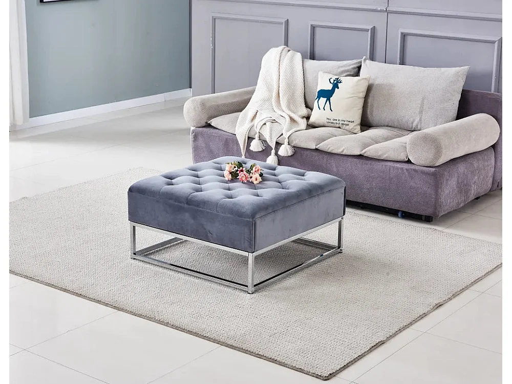 Table basse pouf velours gris 80x80 cm - CAPITONNE