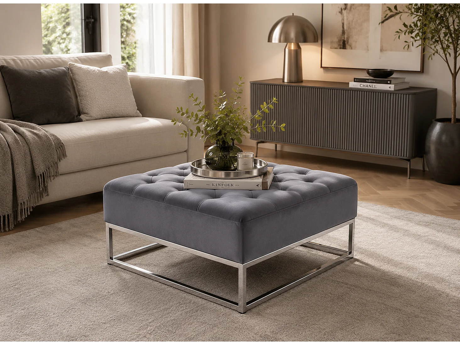 Table basse pouf velours gris 80x80 cm - CAPITONNE