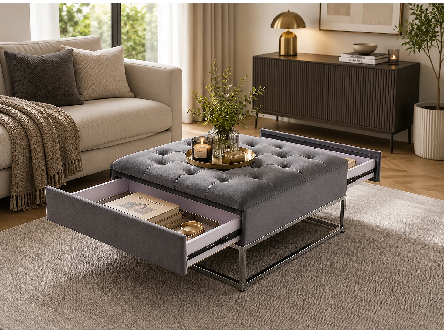 Table basse pouf velours gris 80x80 cm - CAPITONNE