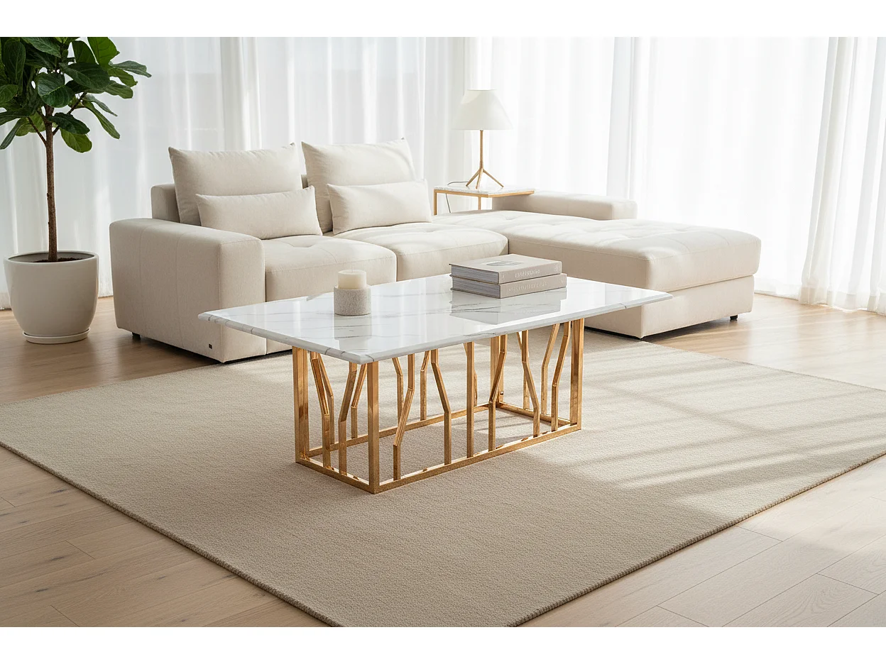 Table Basse PORTOFINO Plateau Verre Trempé Effet Marbré Blanc Pieds Gold 120x70x45cm