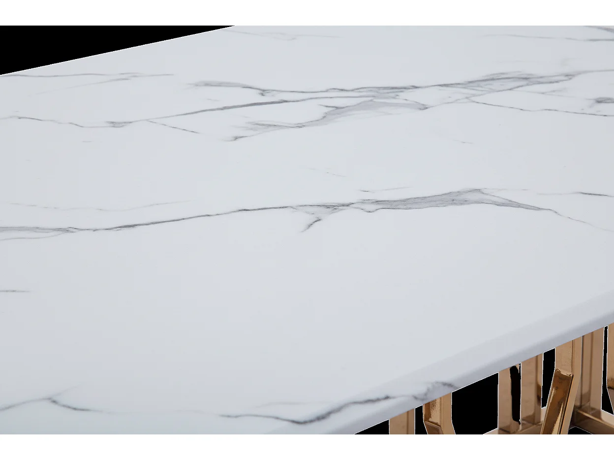 Table Basse PORTOFINO Plateau Verre Trempé Effet Marbré Blanc Pieds Gold 120x70x45cm