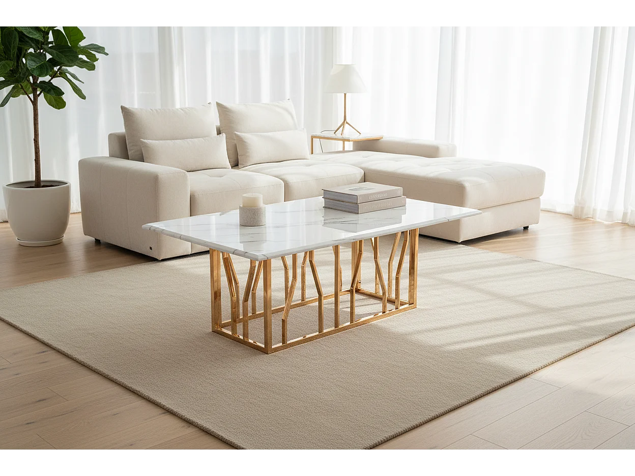 Table Basse PORTOFINO Plateau Verre Trempé Effet Marbré Blanc Pieds Gold 120x70x45cm