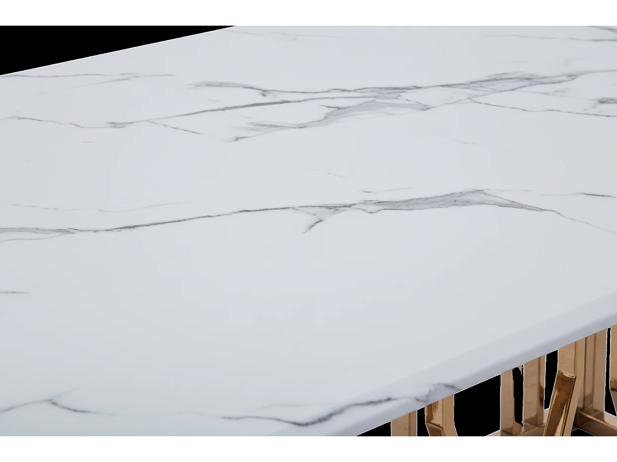 Table Basse PORTOFINO Plateau Verre Trempé Effet Marbré Blanc Pieds Gold 120x70x45cm