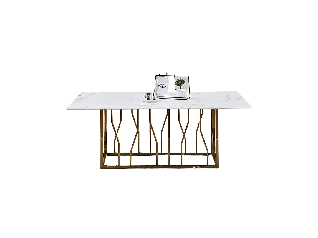 Table Basse PORTOFINO Plateau Verre Trempé Effet Marbré Blanc Pieds Gold 120x70x45cm