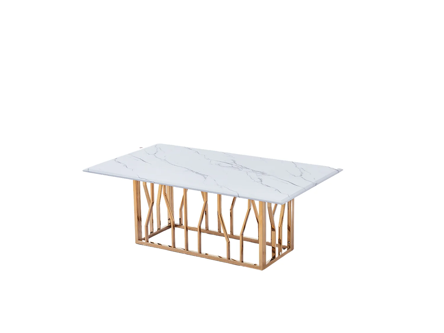 Table Basse PORTOFINO Plateau Verre Trempé Effet Marbré Blanc Pieds Gold 120x70x45cm