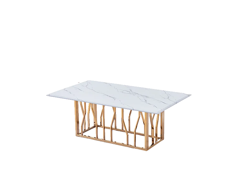 Table Basse PORTOFINO Plateau Verre Trempé Effet Marbré Blanc Pieds Gold 120x70x45cm