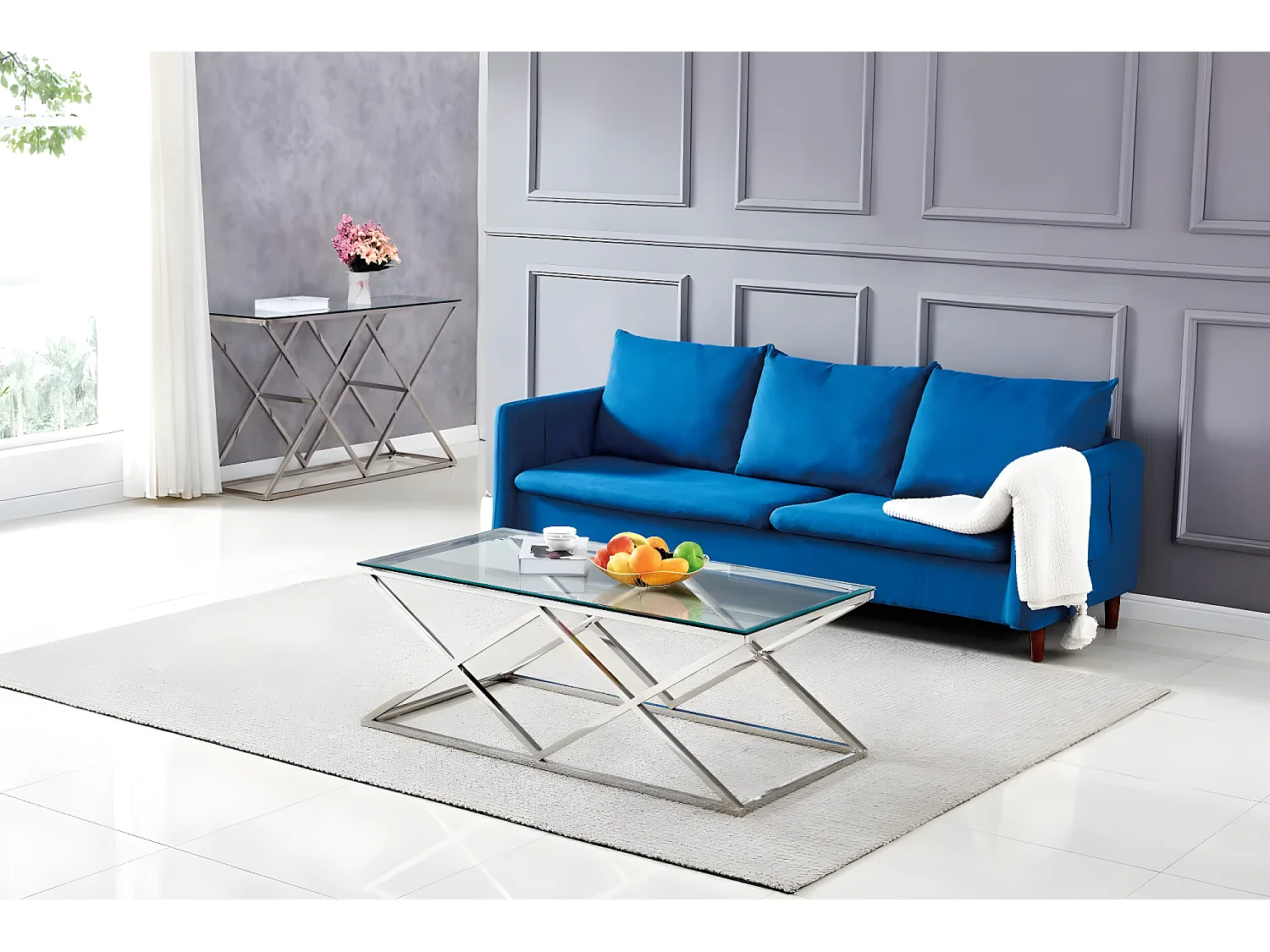 Table basse triangle chrome 120cm verre marbré blanc 120x60 cm