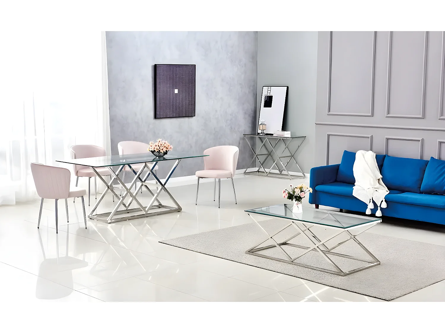 Table basse triangle chrome 120cm verre marbré blanc 120x60 cm