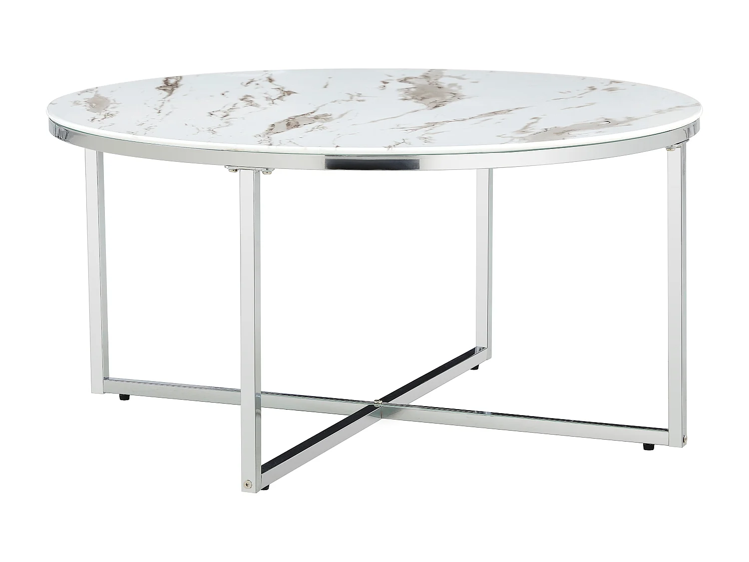 Table basse ronde LORIE chrome plateau en verre D90 cm - Marbré blanc