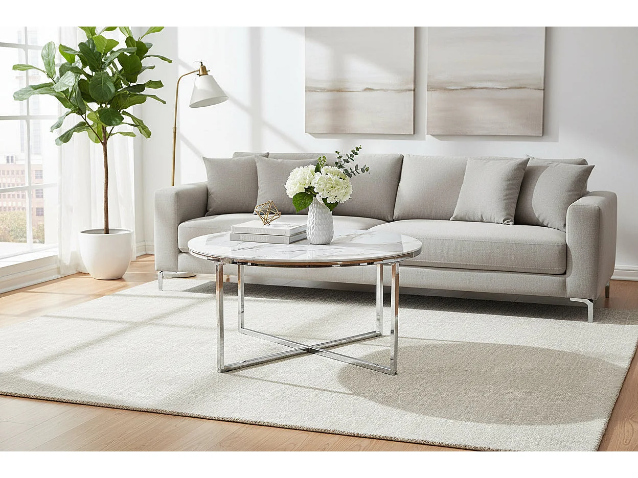 Table Basse LORIE Ronde Plateau Verre Trempé Marbré Blanc Structure Métal Chrome D90x45cm